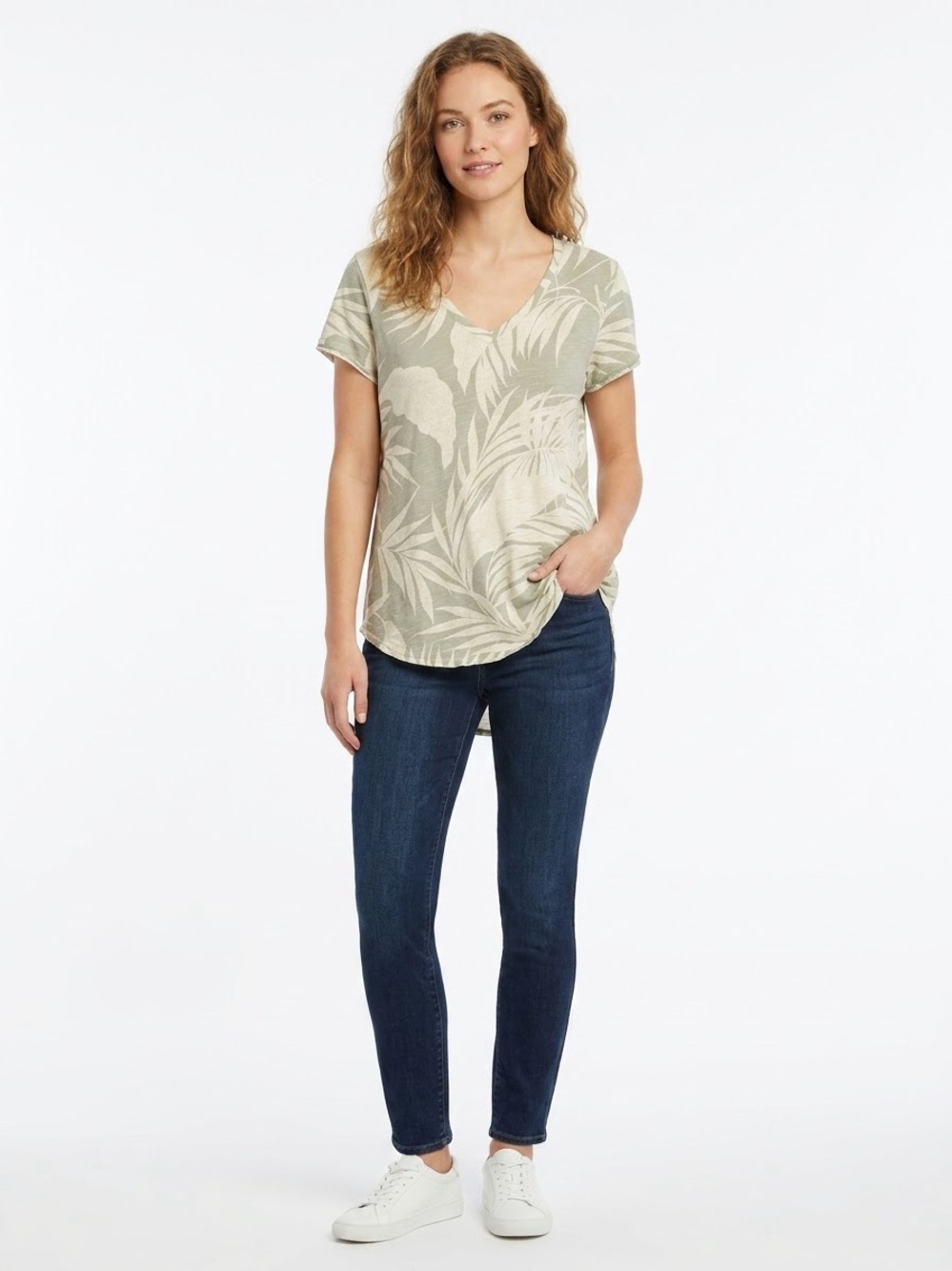 Tahari Palm-Print V-Neck Top - Sage and Cream